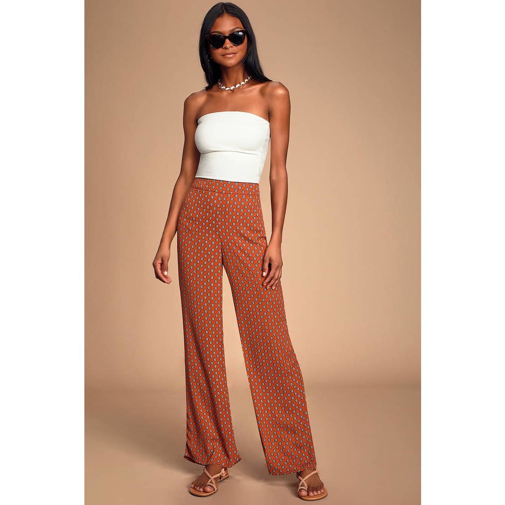 Lulus Morning Market Rust Red Multi Floral Print Pants S